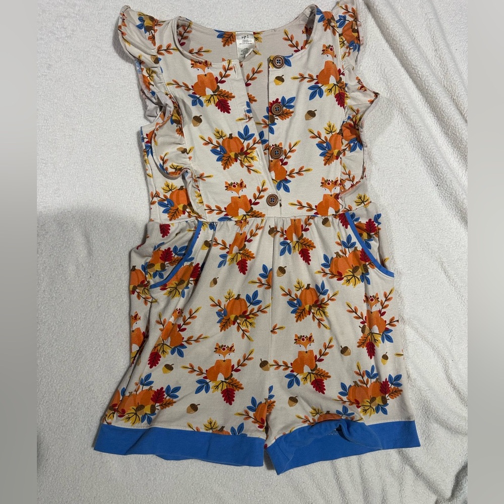 Girls Cream Floral & Pumpkin Romper with Blue Trim